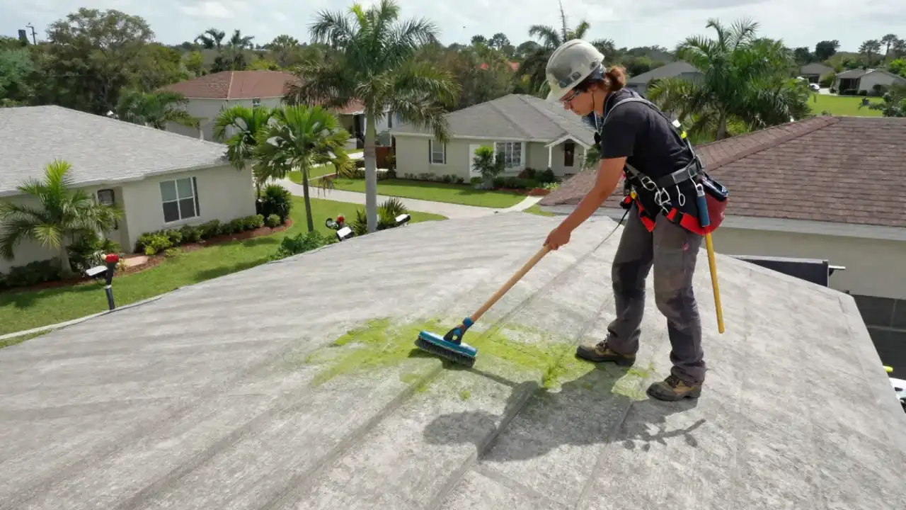 Roof Moss and Algae Removal in Sunrise: roofer is gently scrubbing a section of a concrete tile roof with a long-handled