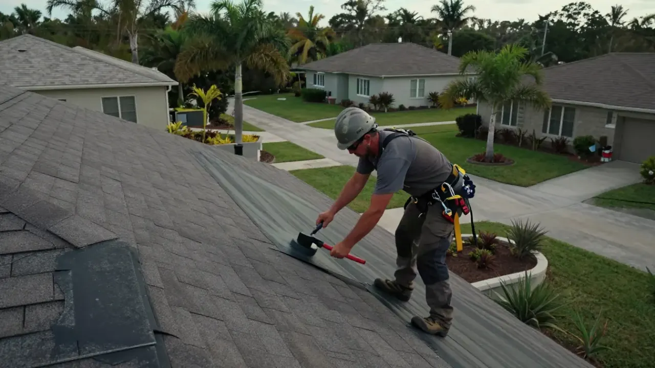 Roof Waterproofing Services in Sunrise: roofer is meticulously installing self-adhering underlayment along the eaves of a