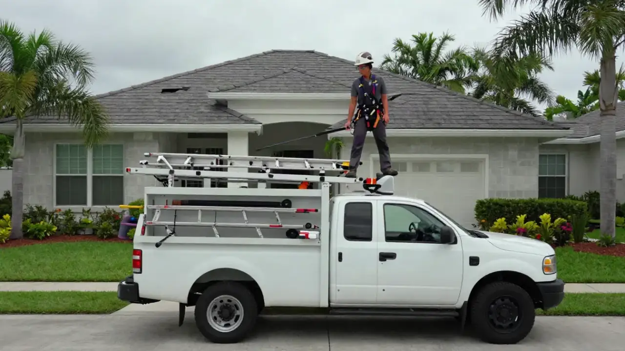 Roof Repair in Sunrise: service vehicle, a white utility truck with various ladders and tools securely stored on its rack