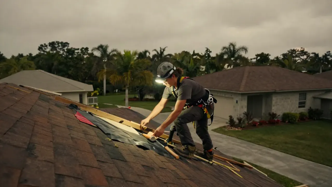 Emergency Roof Leak Repair in Sunrise: roofer, wearing a headlamp, is temporarily patching a storm-damaged section of a