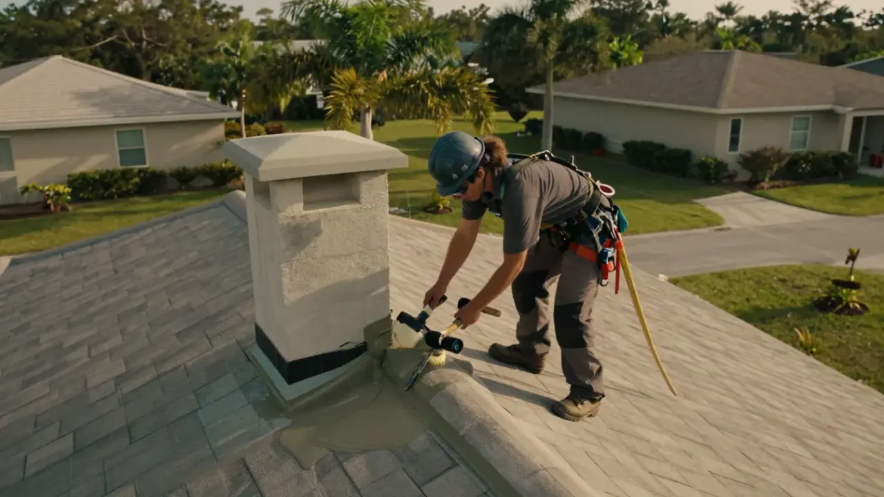 Chimney Flashing Repair in Sunrise: roofer is applying a generous amount of roofing cement to seal the base flashing around