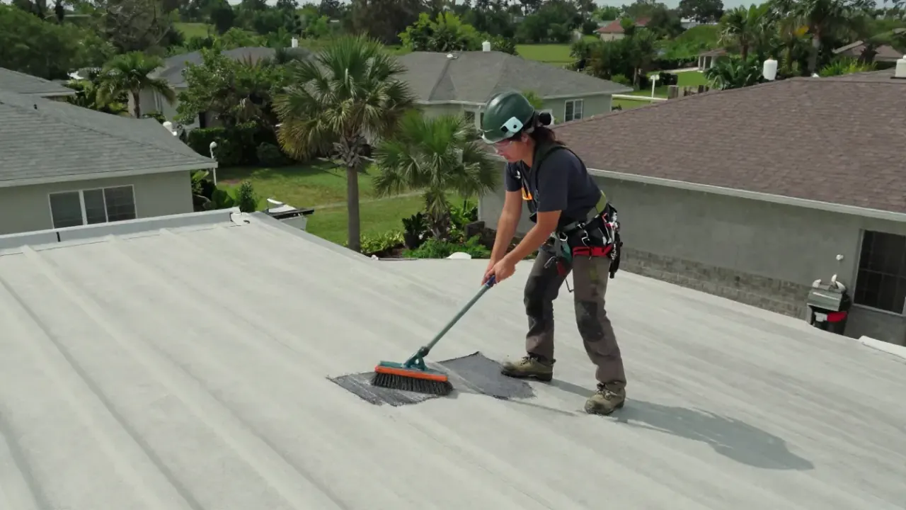 Flat Roof Repair in Sunrise: roofer is meticulously cleaning a section of a flat commercial roof with a stiff brush and