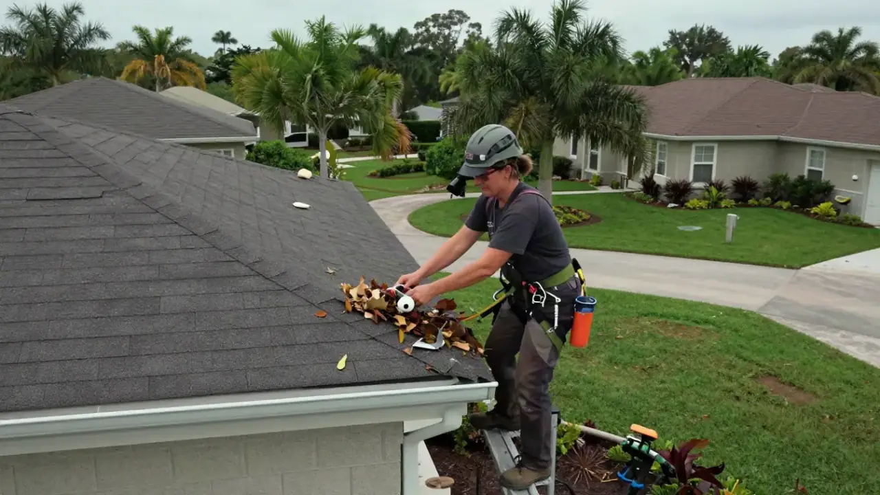 Gutter Repair and Cleaning in Sunrise: roofer on a ladder is removing a large clump of leaves and debris from a section of a