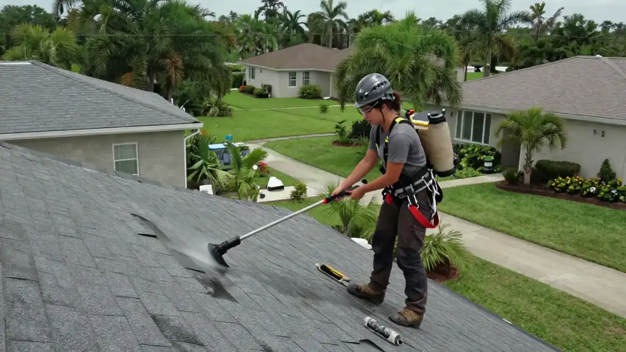 Roof Mold and Mildew Removal in Sunrise: roofer is using a low-pressure sprayer to apply an anti-fungal treatment to