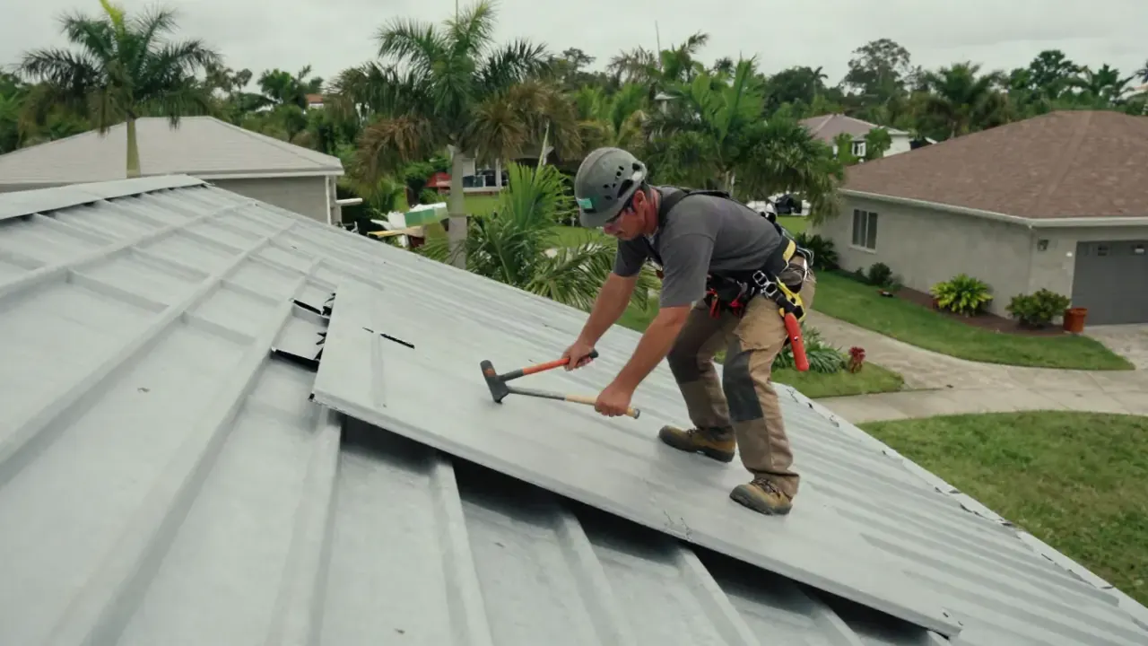 Metal Roof Repair in Sunrise: roofer is carefully removing a dented metal roof panel with a pry bar, exposing the purlins