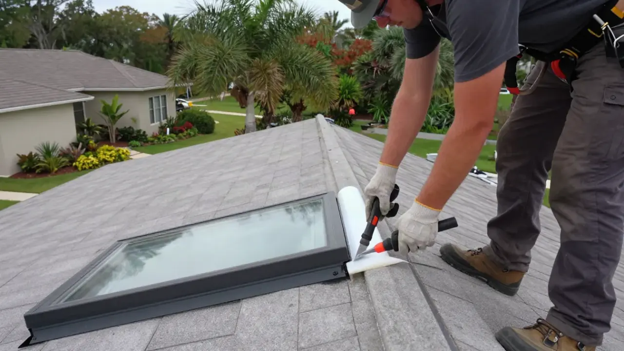 Skylight Repair and Sealing in Sunrise: roofer is applying a clear, UV-resistant silicone sealant to a leaking seam around a
