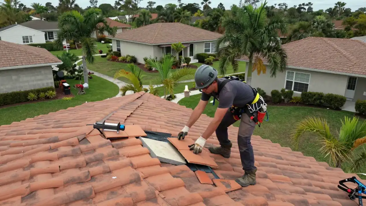 Residential Roof Repair in Sunrise: roofer on a residential tile roof is carefully lifting a broken terracotta roof tile