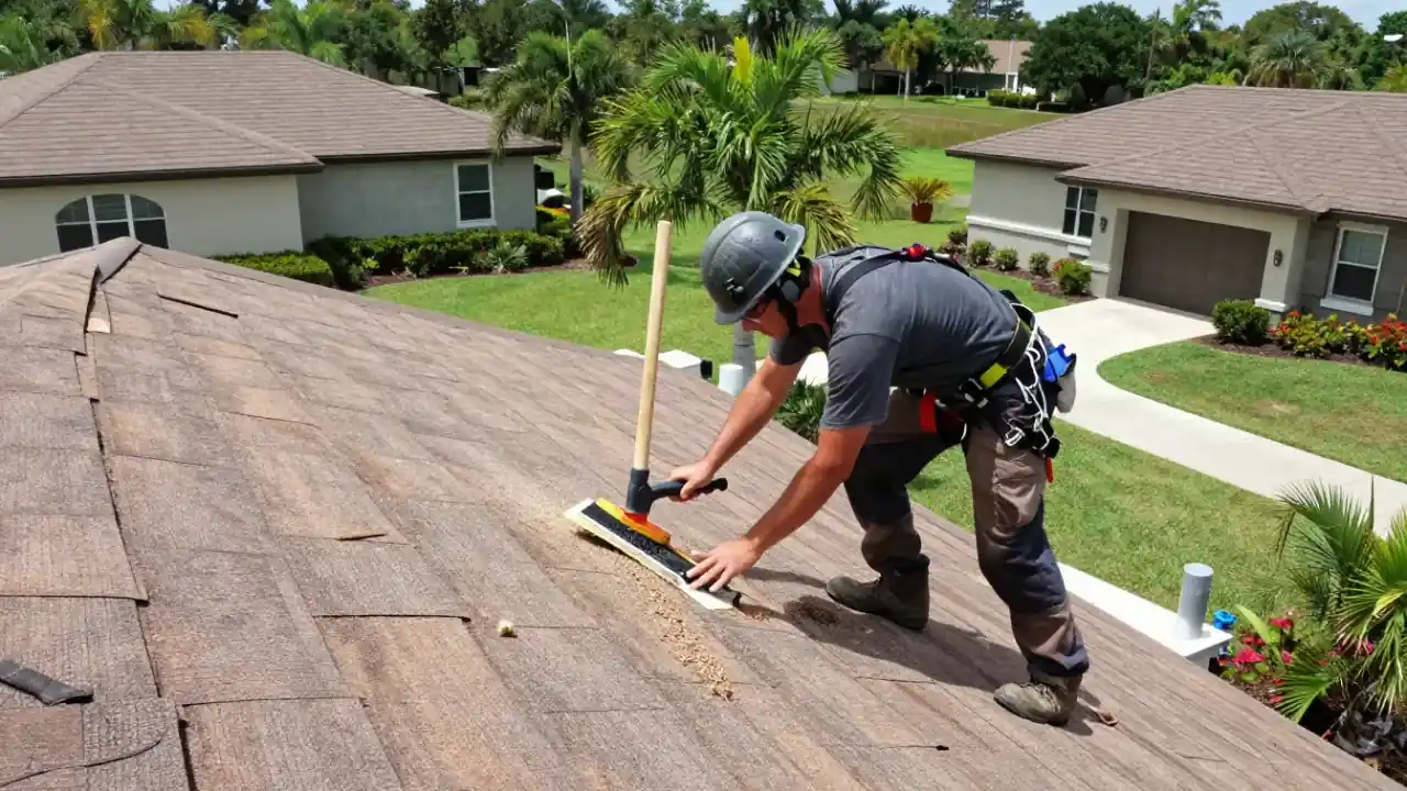 Roof Inspection and Maintenance in Sunrise: roofer is gently brushing away loose granules and small debris from a section of