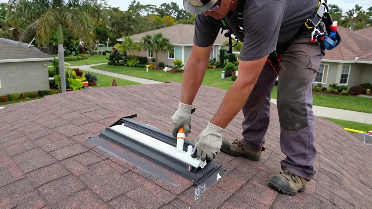 Roof Repair in Sunrise: close-up of a roofer's gloved hands applying a thick bead of clear silicone sealant around the base