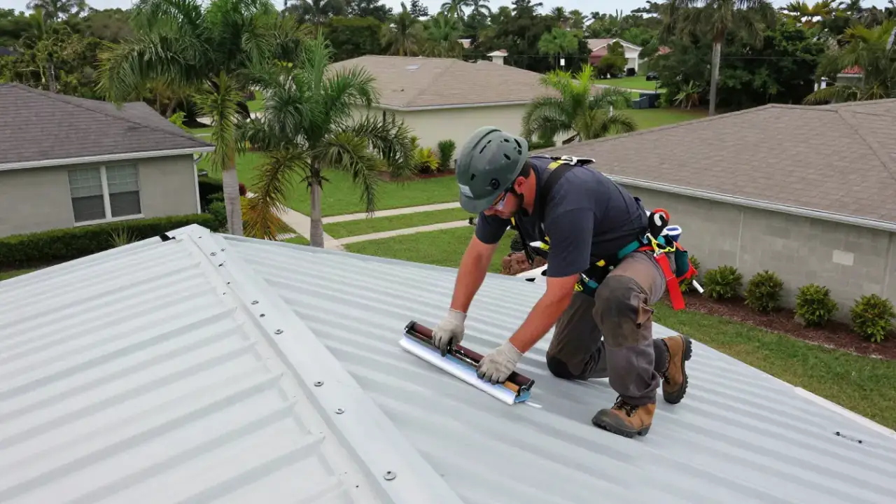Roof Coating and Sealants in Sunrise: roofer is meticulously sealing the fasteners on a metal roof with individual dabs of a