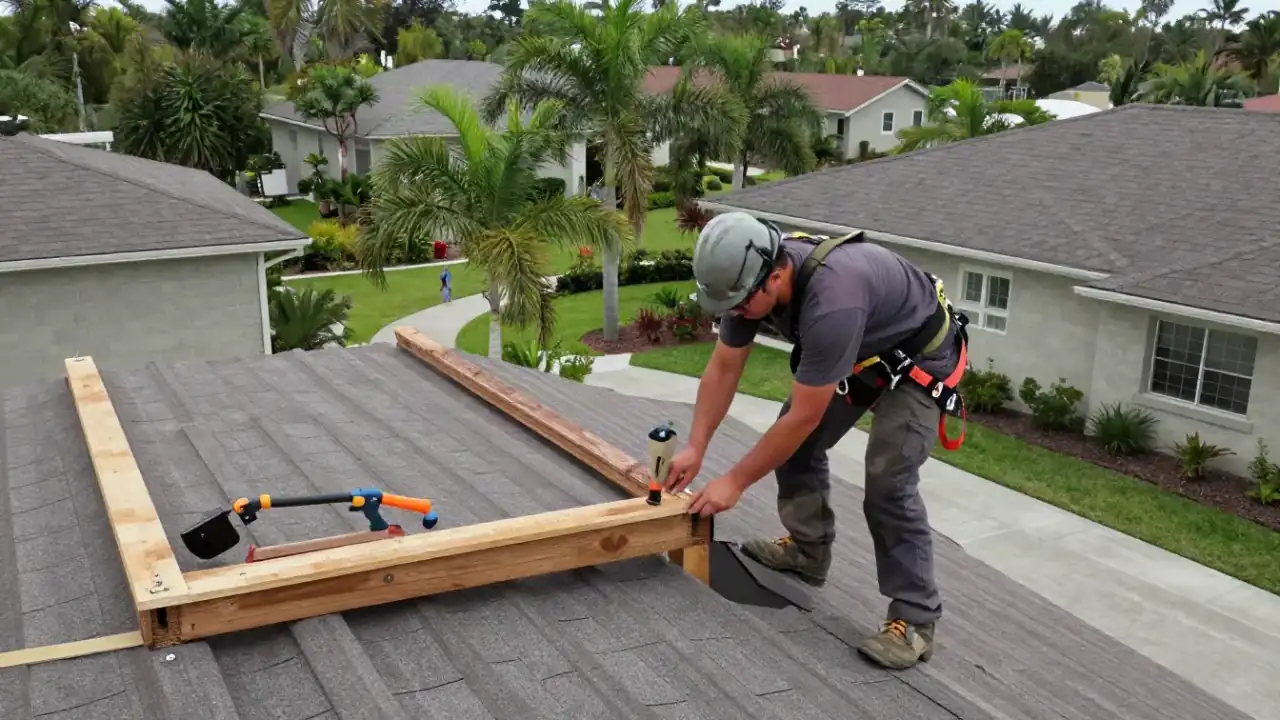 Roof Deck Repair in Sunrise: roofer is replacing a rotted section of a wooden roof fascia board at the edge of a residential