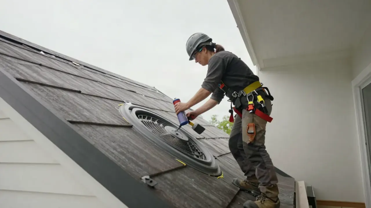Attic Ventilation Repair in Sunrise: roofer inside an attic is carefully sealing gaps around a damaged attic fan housing