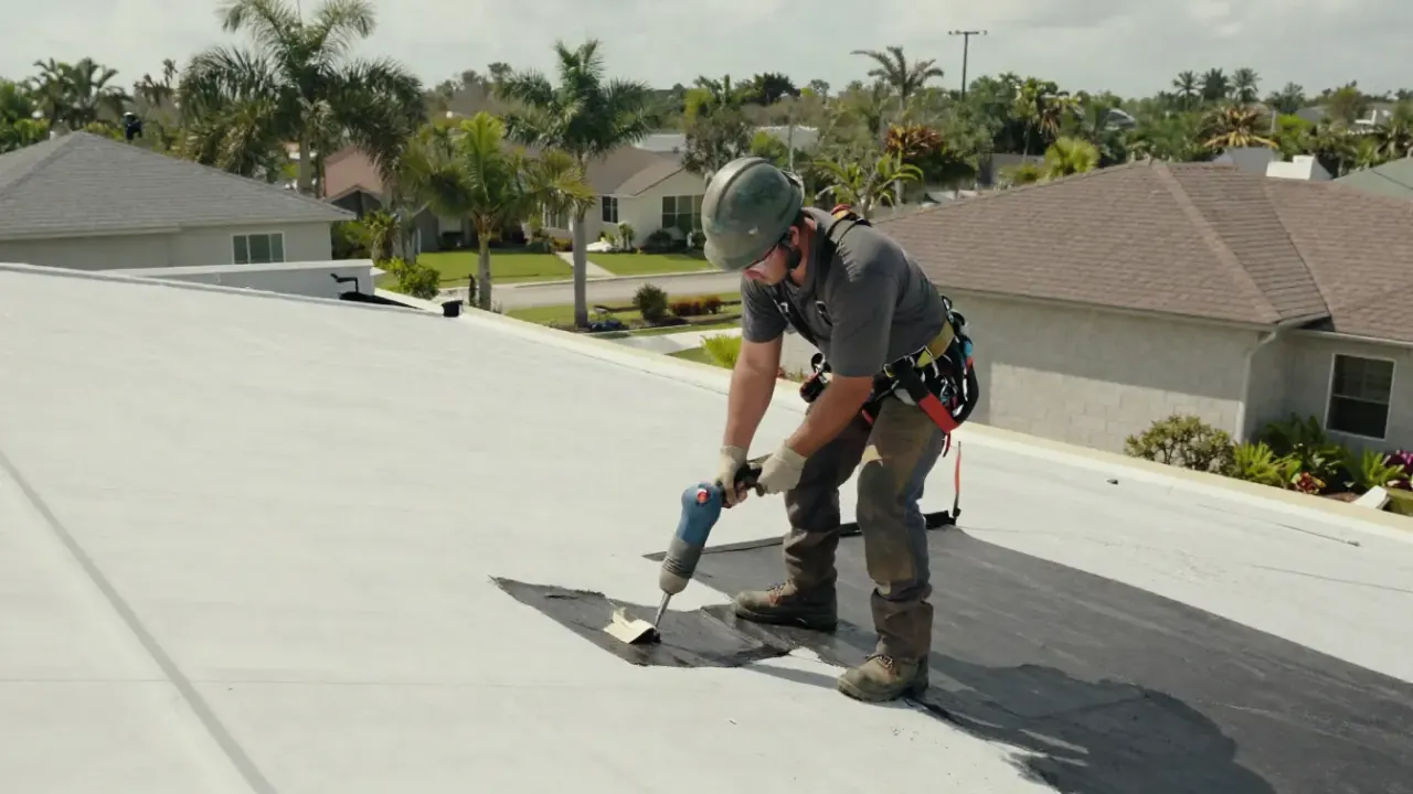 Commercial Roof Repair in Sunrise: roofer on a large flat commercial roof is using a heat gun to seal a patch of modified
