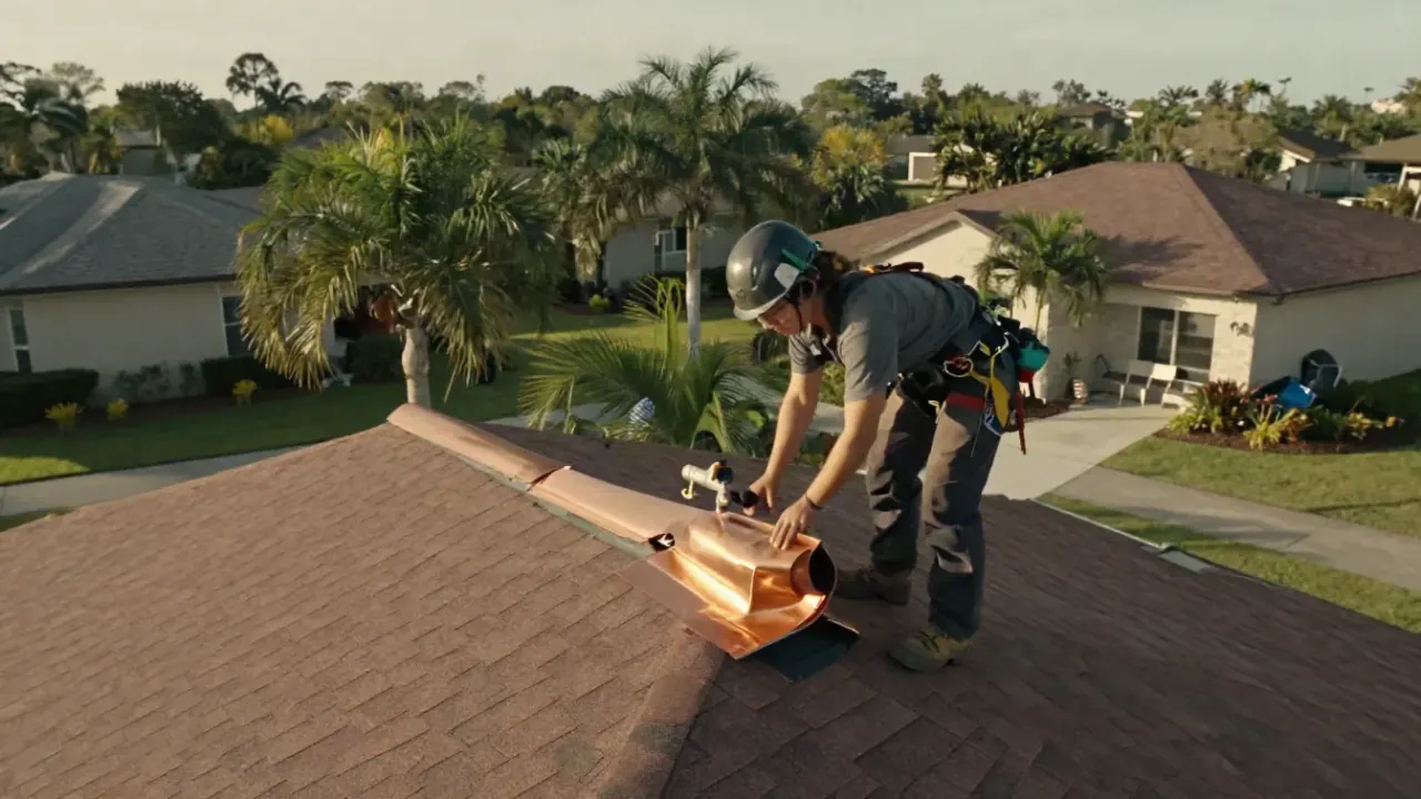 Roof Flashing Repair in Sunrise: roofer is carefully bending and shaping a piece of new copper flashing around a chimney