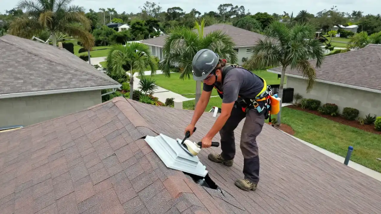 Roof Vent Repair and Replacement in Sunrise: roofer is carefully removing a damaged plastic roof vent cover from a shingle