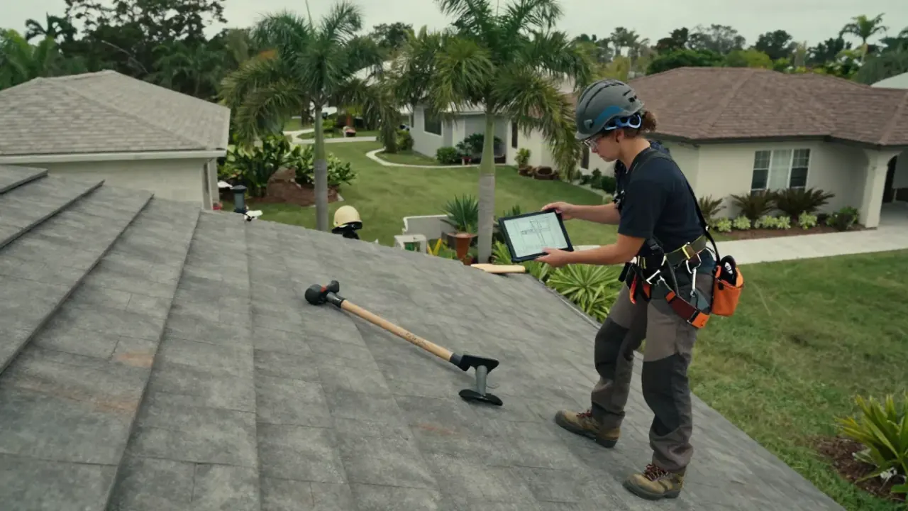 Roof Replacement Consultation in Sunrise: roofer is using a tablet (displaying an architectural diagram, no text) to show a