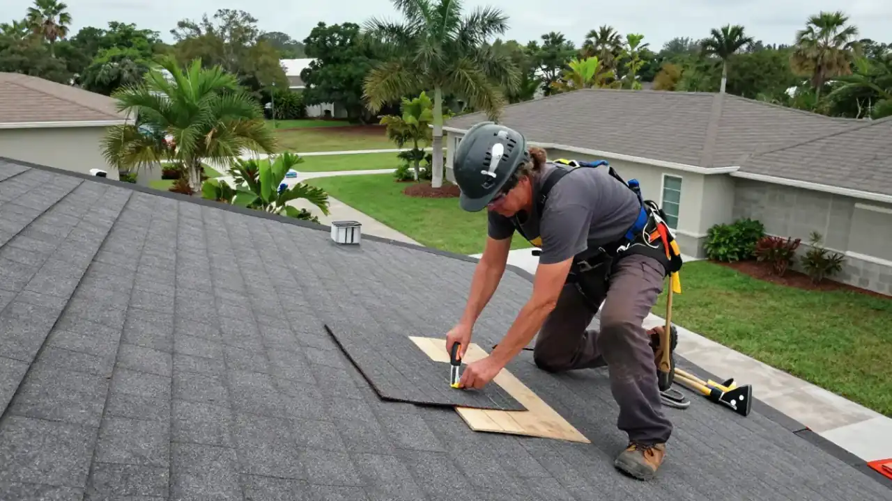 Roof Shingle Replacement in Sunrise: roofer is cutting an asphalt shingle to size with a utility knife on a cutting board on