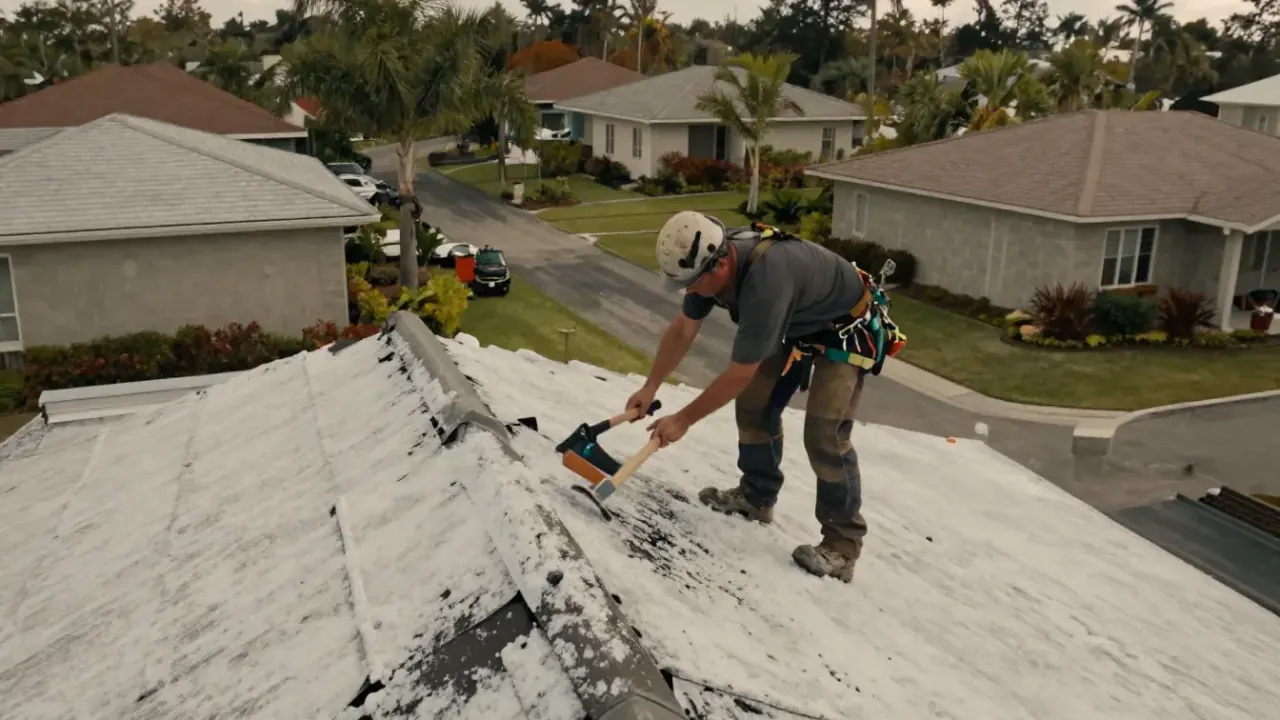 Roof Snow and Ice Damage Repair in Sunrise: roofer is repairing loose flashing that was dislodged by heavy snowfall and ice
