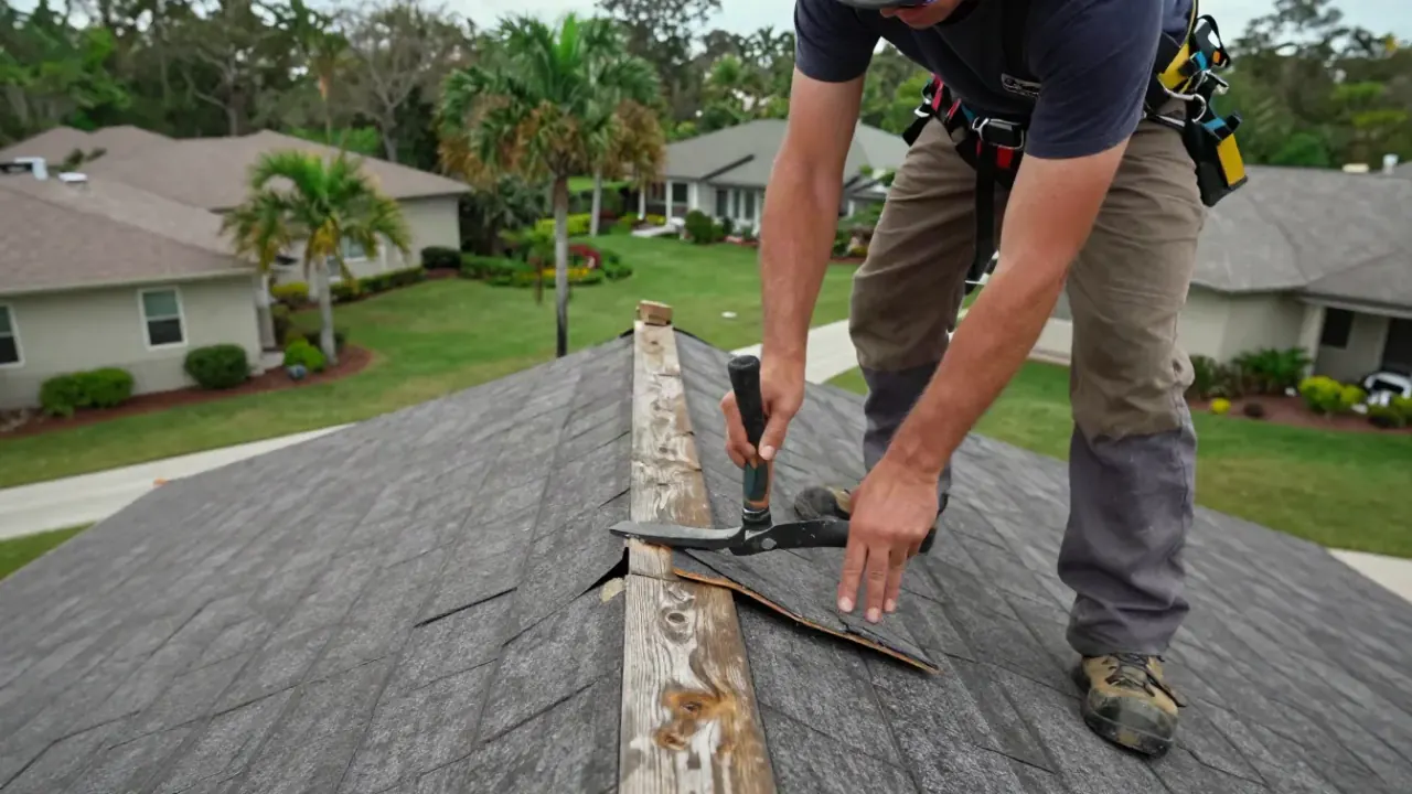 Roof Repair in Sunrise: Close-up of a roofer's hands using a roofing hatchet to carefully remove a damaged shingle from a
