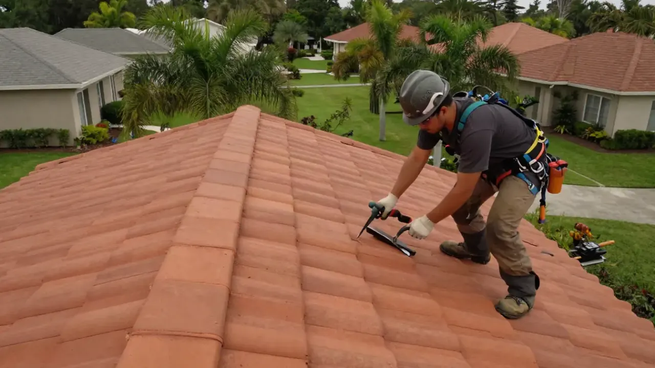 Roof Repair in Sunrise: Detail shot of a perfectly installed, new terracotta roof tile with clean mortar lines, nestled