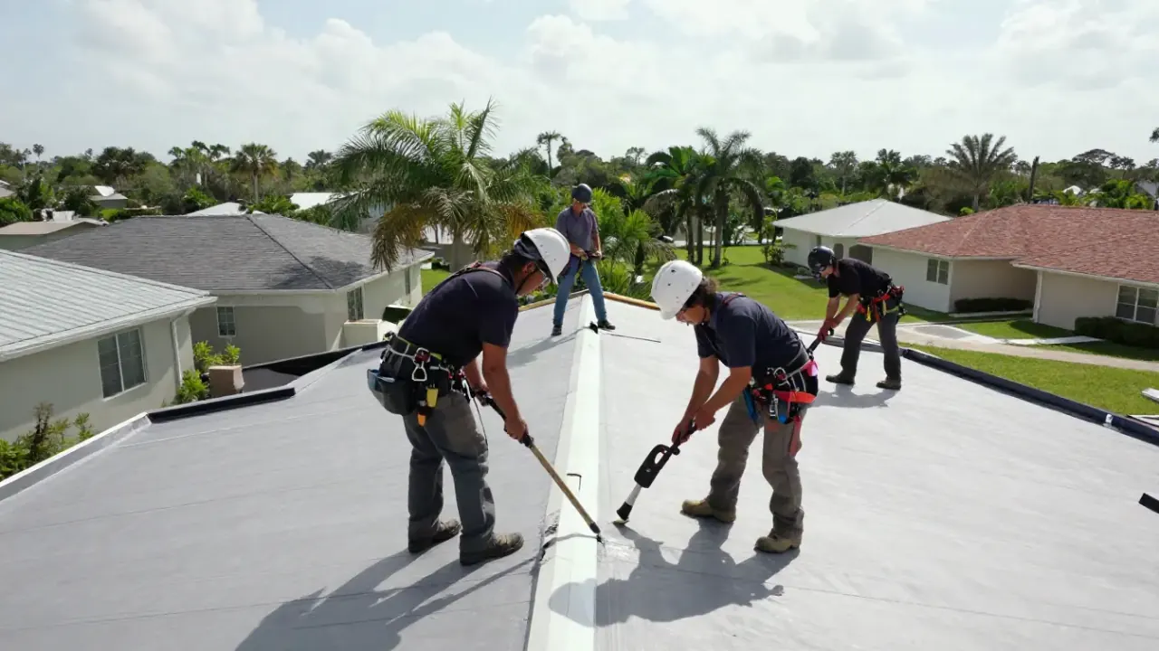 Roof Repair in Sunrise: wide shot of a team of three roofers working collaboratively on a large commercial flat roof, one