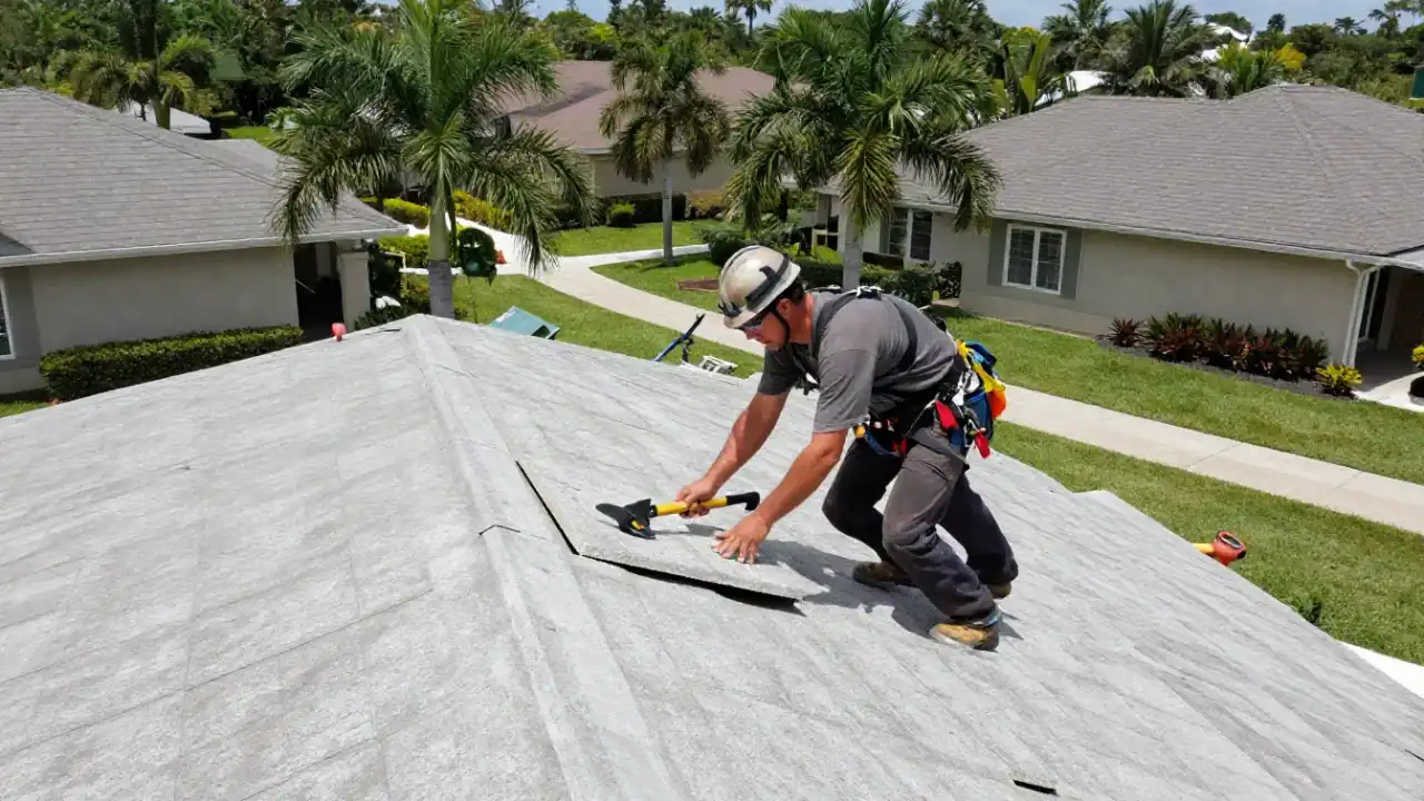 Tile Roof Repair in Sunrise: roofer is replacing a damaged flat concrete tile, ensuring its precise alignment with the